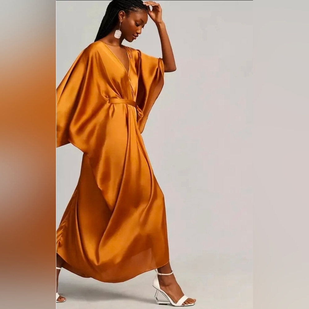 Anthropologie Satin Kaftan Tie Front Maxi Dress OS Adjustabe In Bronze NWT$200